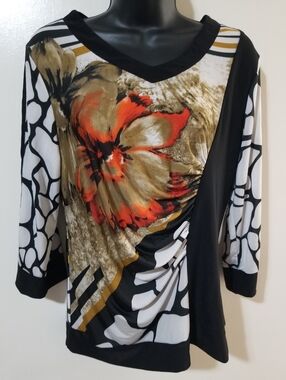 Ness Abstract Floral Blouse 3/4 Sleeve Statement Top S